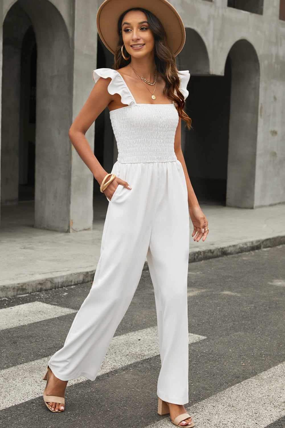 Smocked Ruffle Strap Pocket Wide Leg Jumpsuit