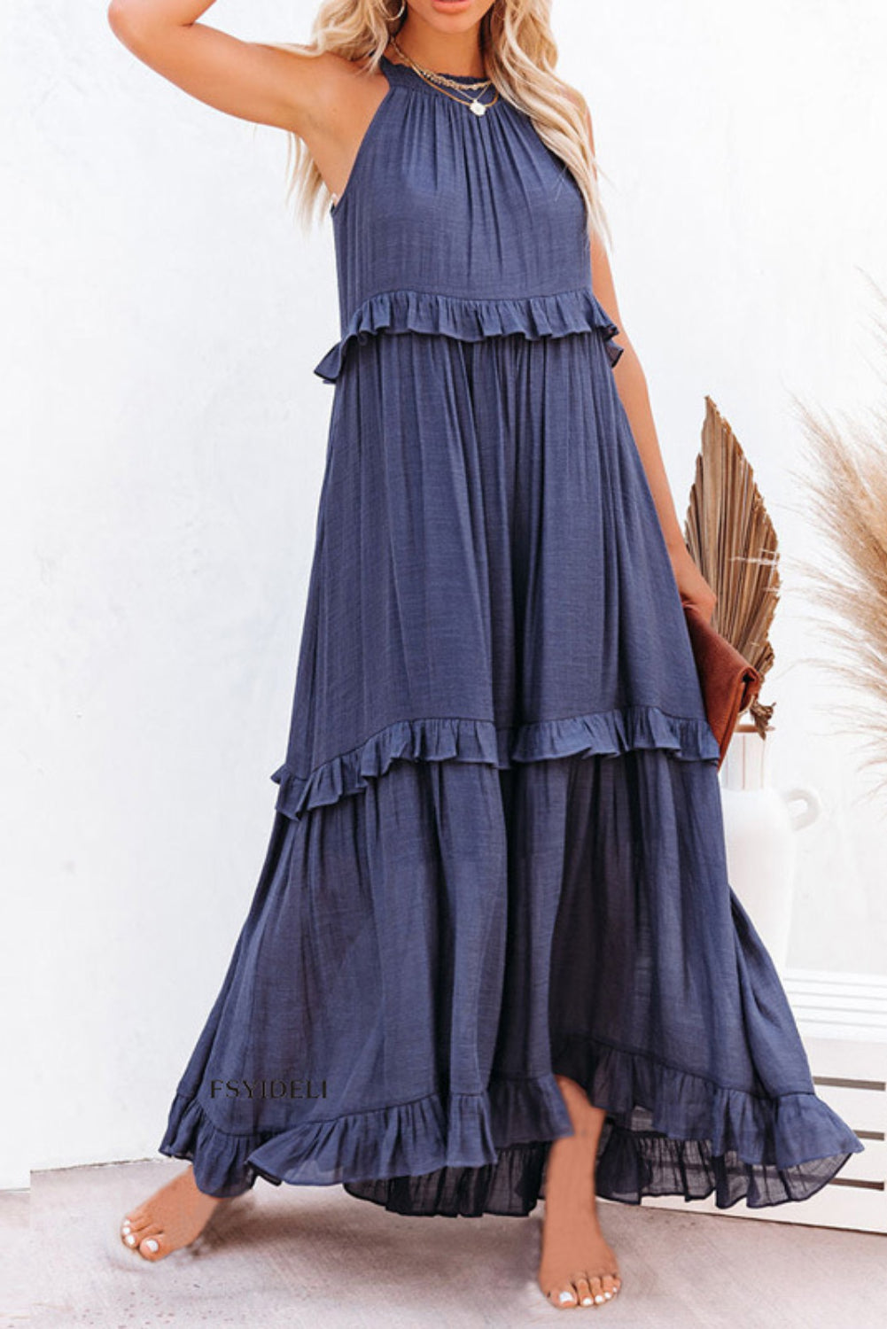 Ruffle Hem Pleated Flowy Maxi Dress