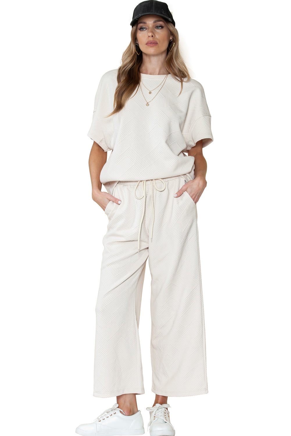 Textured Loose Fit T Shirt and Drawstring Pants Set w/Pockets