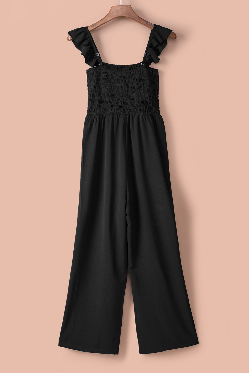 Smocked Ruffle Strap Pocket Wide Leg Jumpsuit