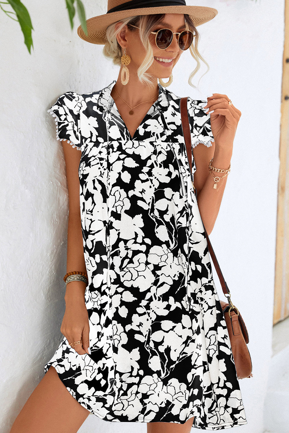 Black Tie V-Neck Ruffle Sleeve Floral Short Dress