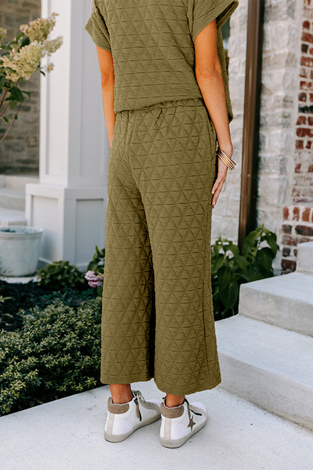 Quilted Short Sleeve Top and Wide Leg Pants Set