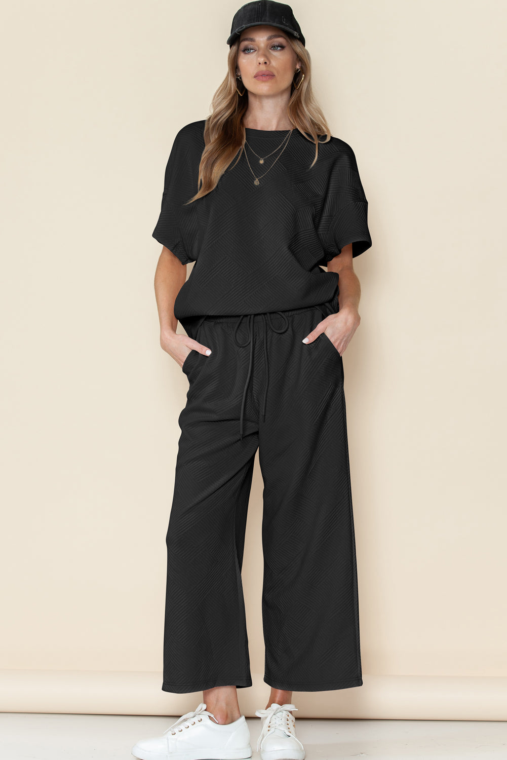 Textured Loose Fit T Shirt and Drawstring Pants Set w/Pockets