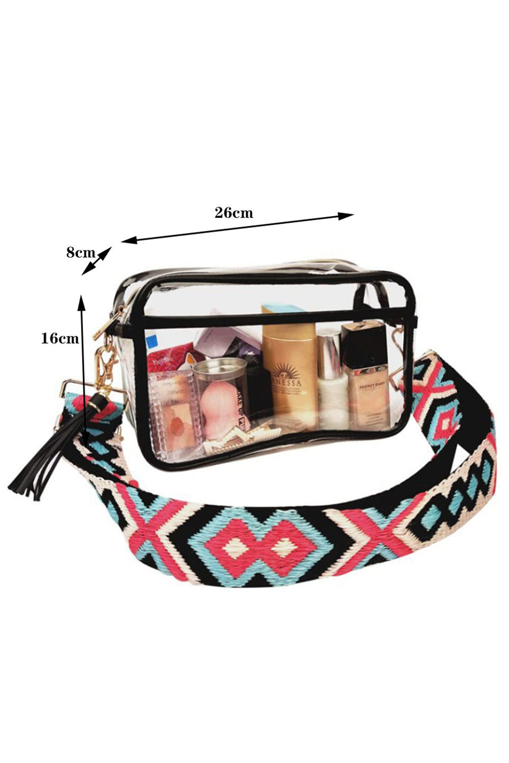 Contrast Edge Tassel Geo Print Strap Clear Shoulder Bag