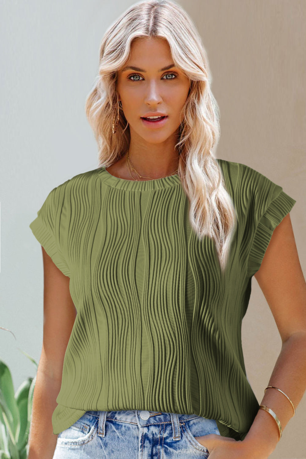 Wavy Textured Cap Sleeve Top