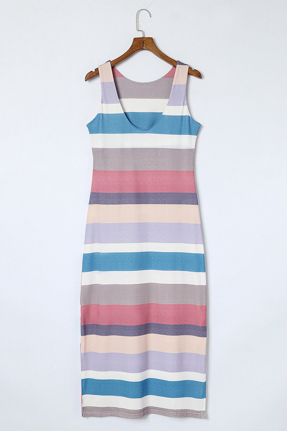 Multicolor Stripe Print Slit Tank Maxi Dress