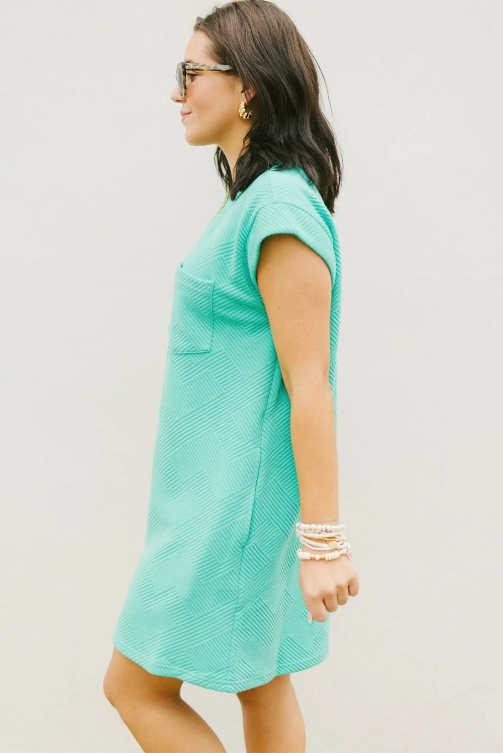 Mint Green Plain Textured Pocketed Mini Dress