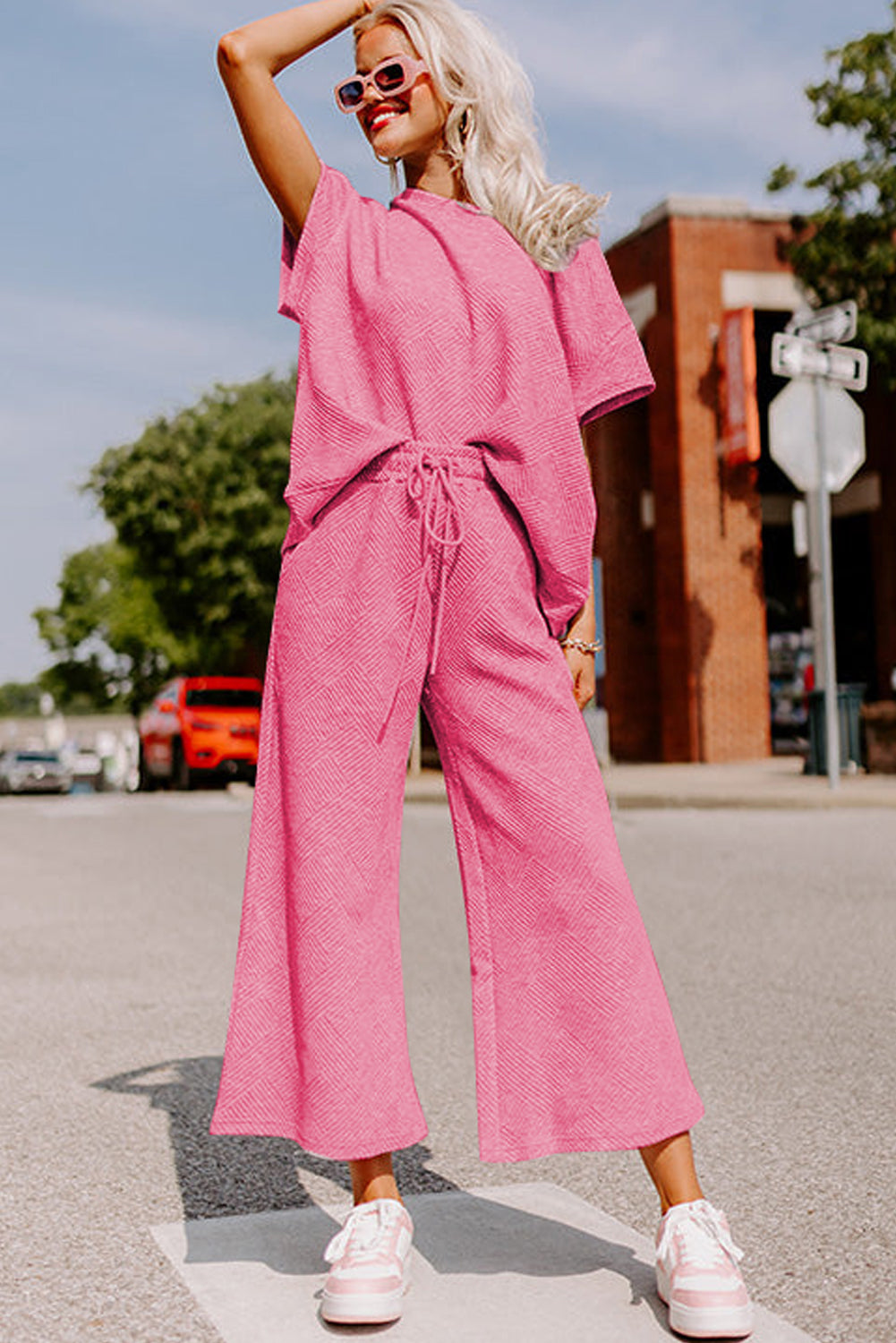 Textured Loose Fit T Shirt and Drawstring Pants Set w/Pockets