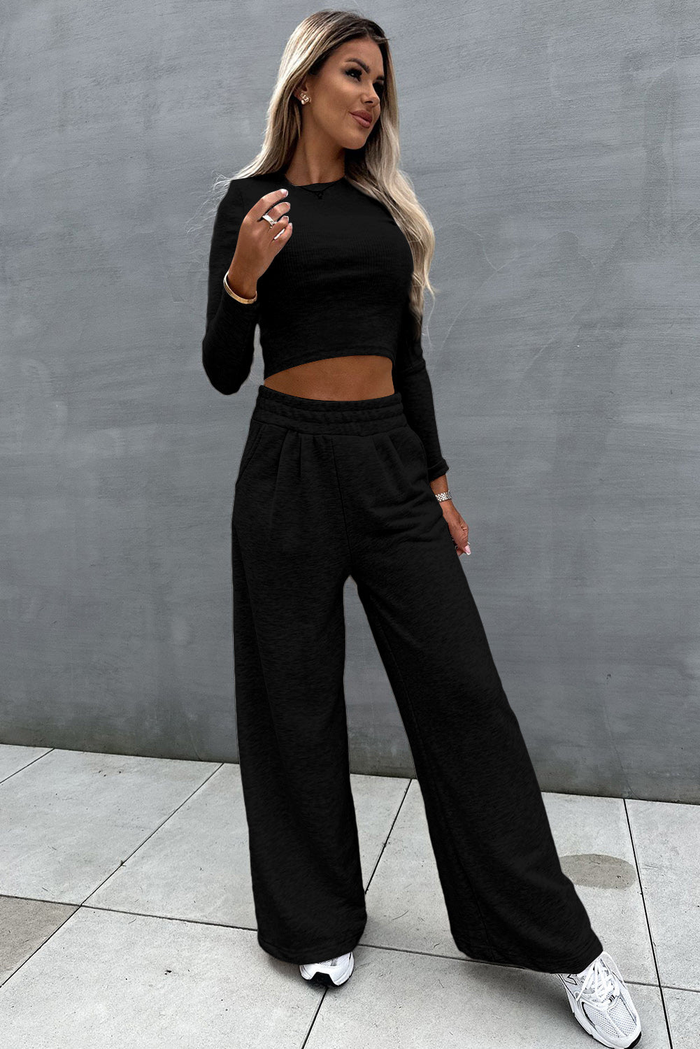 Slim Fit Crop Top and Wide Leg Pants Set