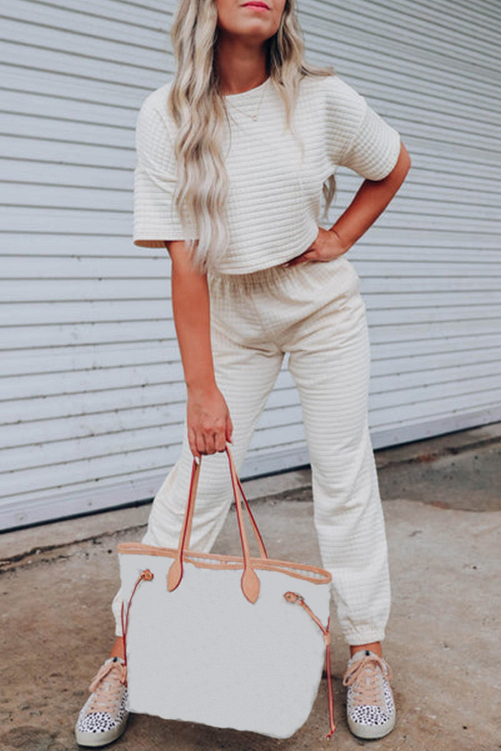 Rose Red Textured Cropped Tee and Jogger Pants Set