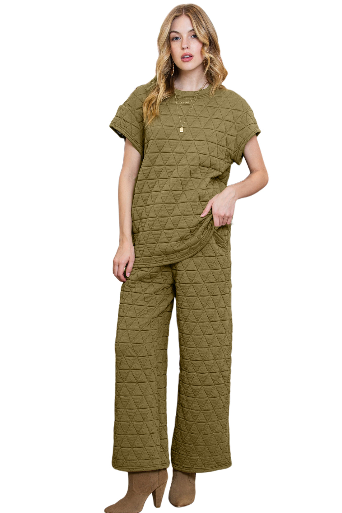 Quilted Short Sleeve Top and Wide Leg Pants Set