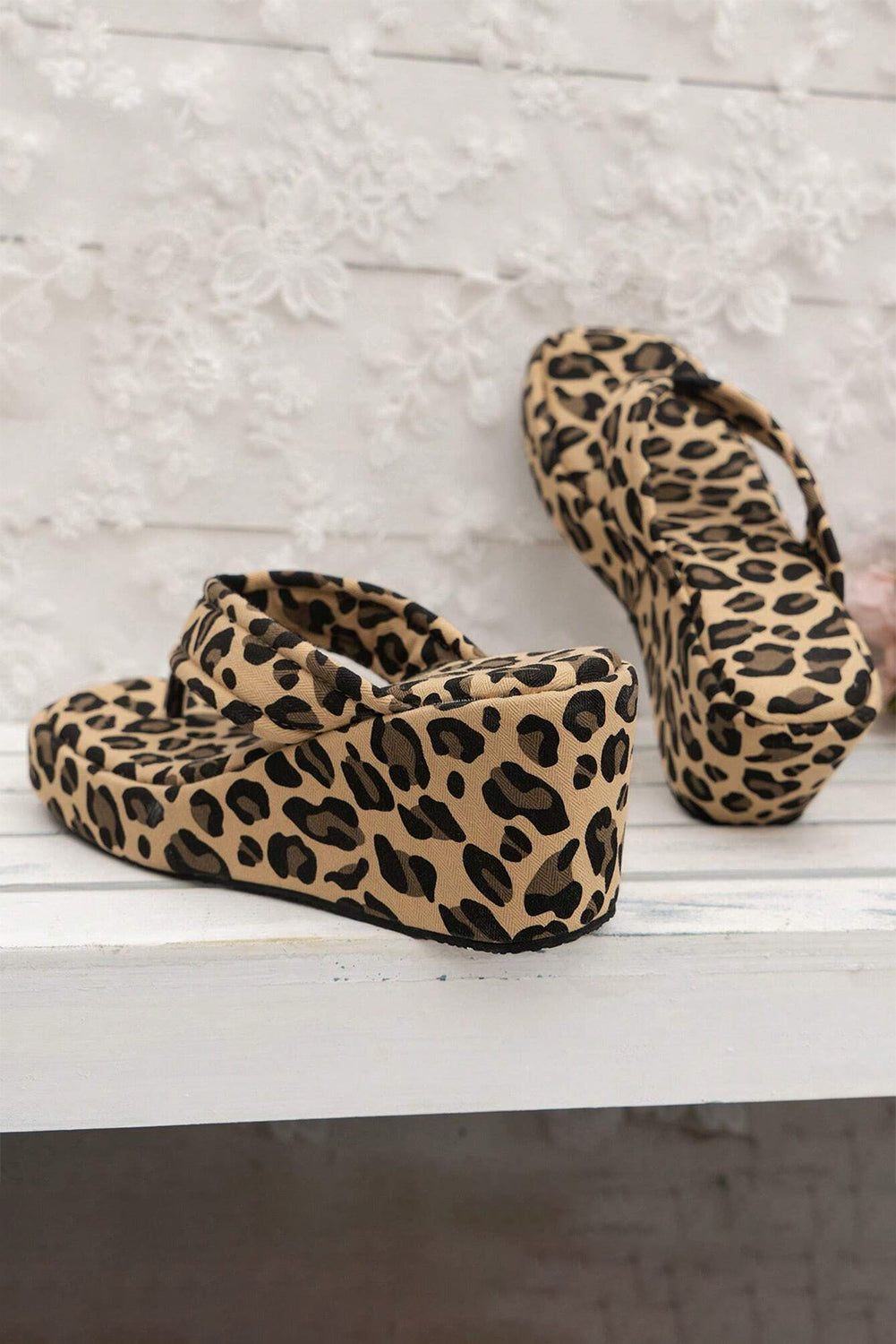 Light French Beige Leopard Platform Wedge Slip On Sandals