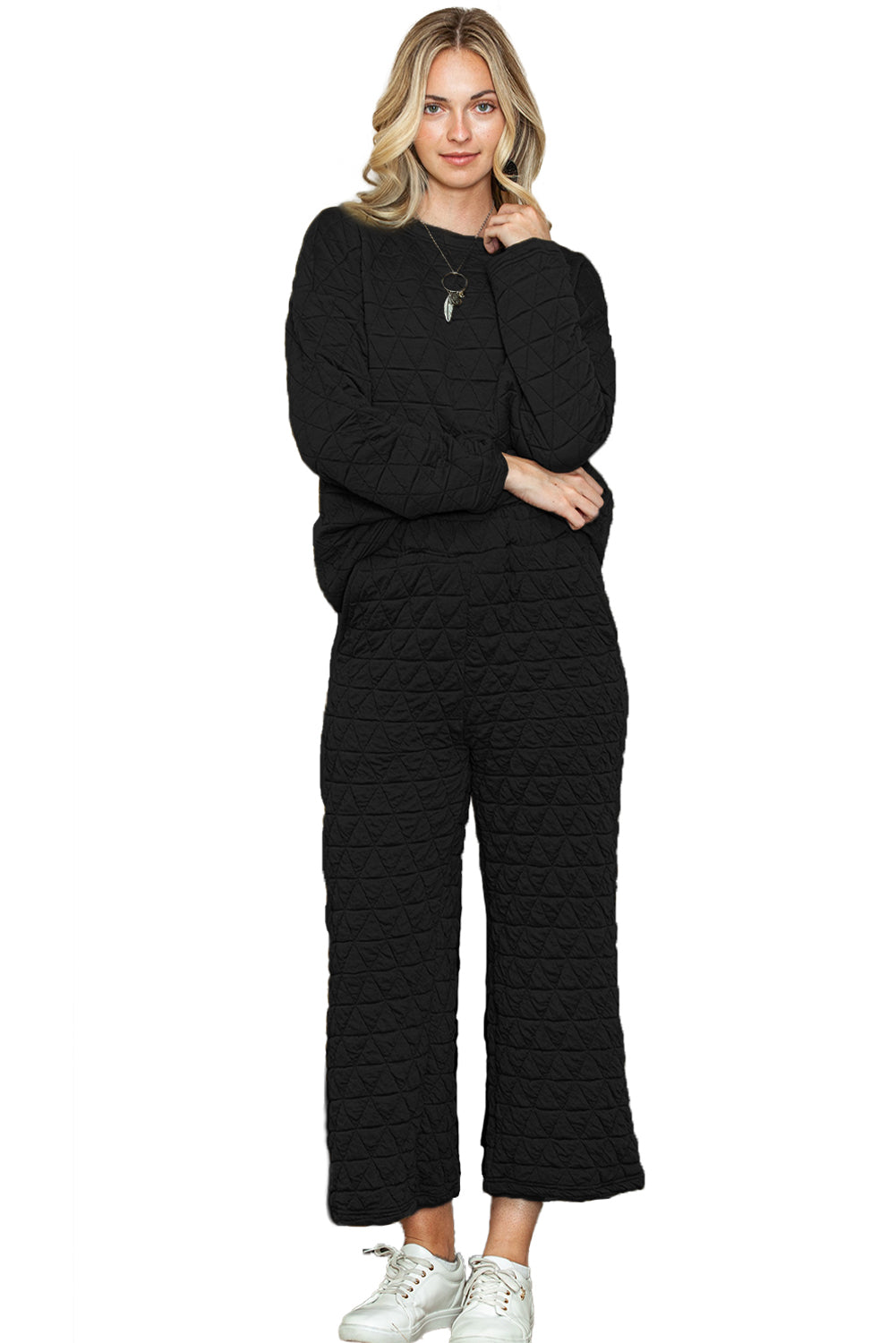 Dark Grey Solid Color Quilted Long Sleeve Top and Wide Leg Pants Set