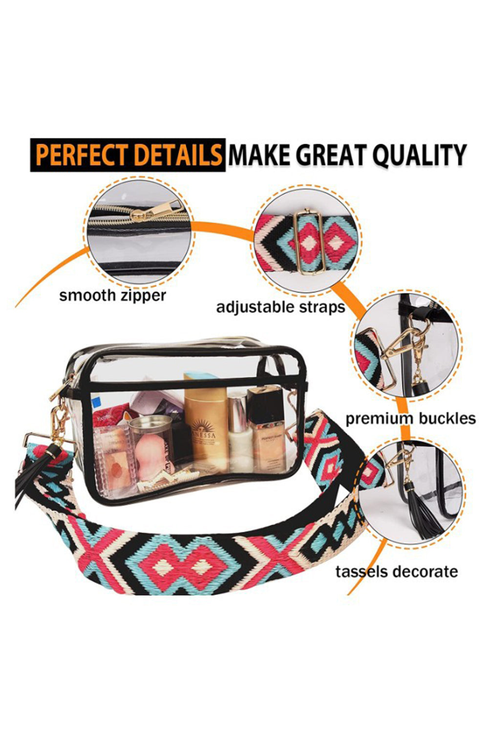 Contrast Edge Tassel Geo Print Strap Clear Shoulder Bag