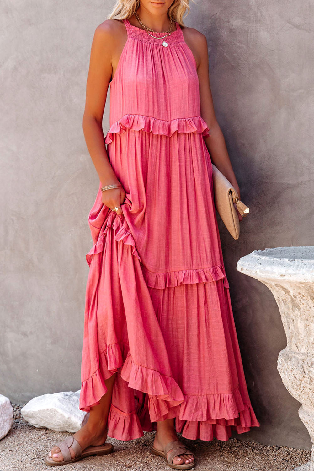 Ruffle Hem Pleated Flowy Maxi Dress