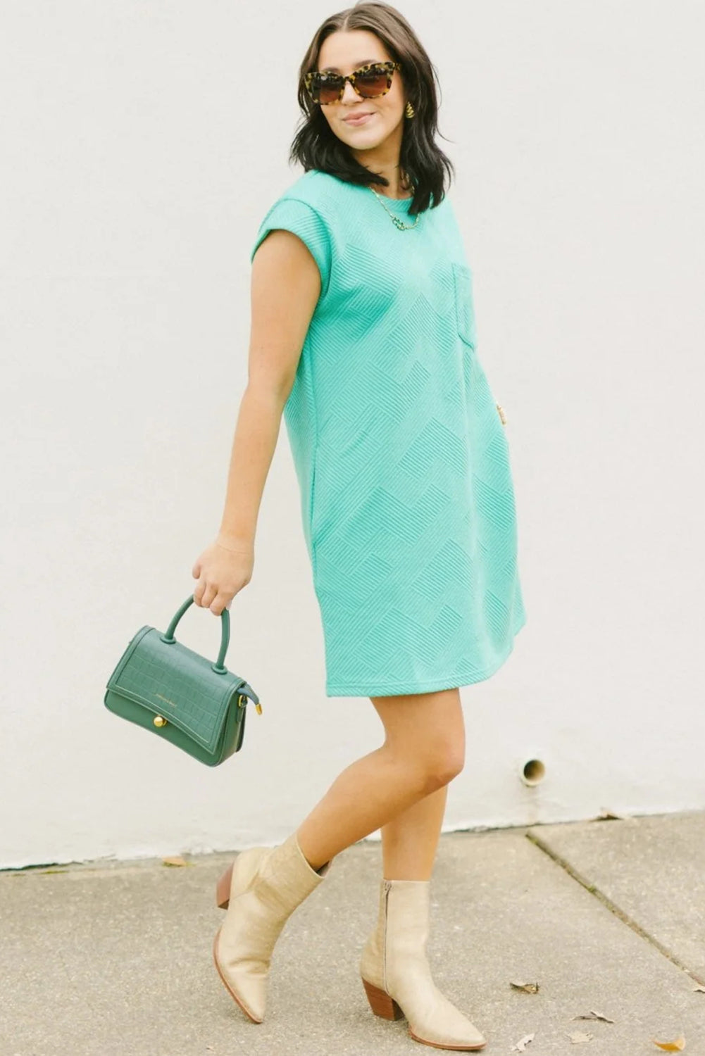 Mint Green Plain Textured Pocketed Mini Dress