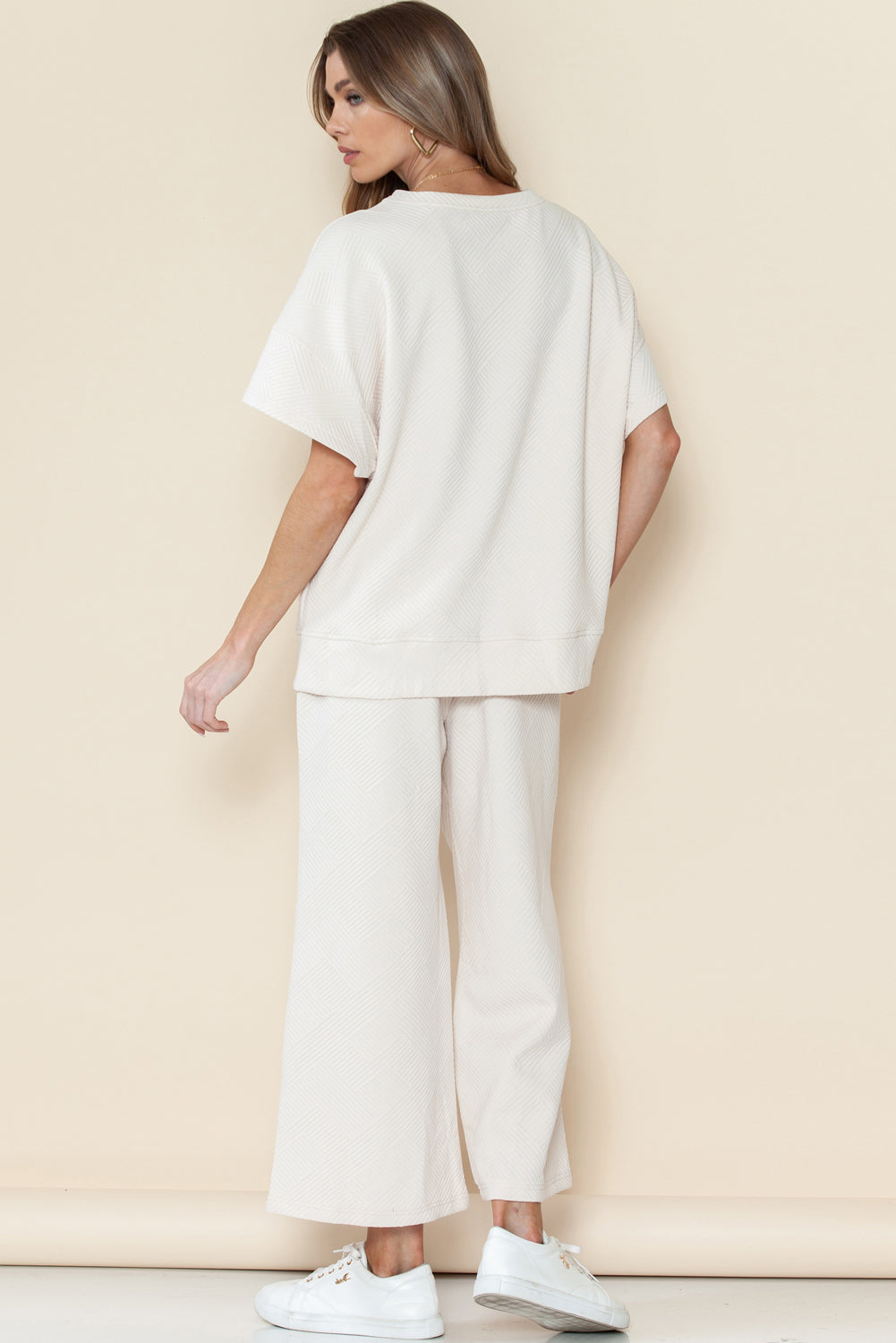 Textured Loose Fit T Shirt and Drawstring Pants Set w/Pockets