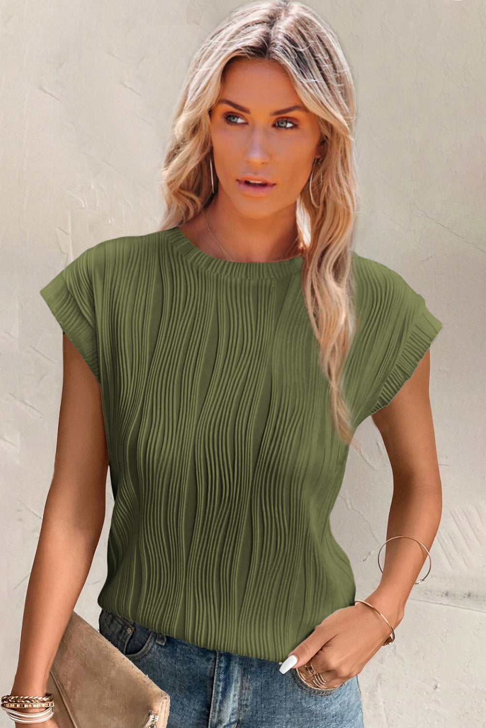 Wavy Textured Cap Sleeve Top