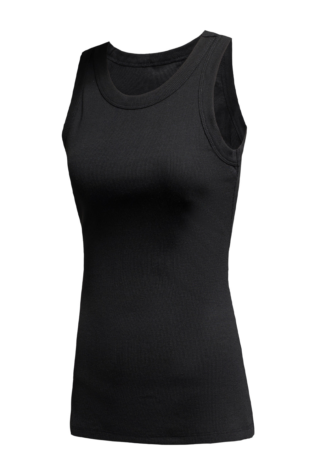 Solid Black Round Neck Ribbed Tank Top