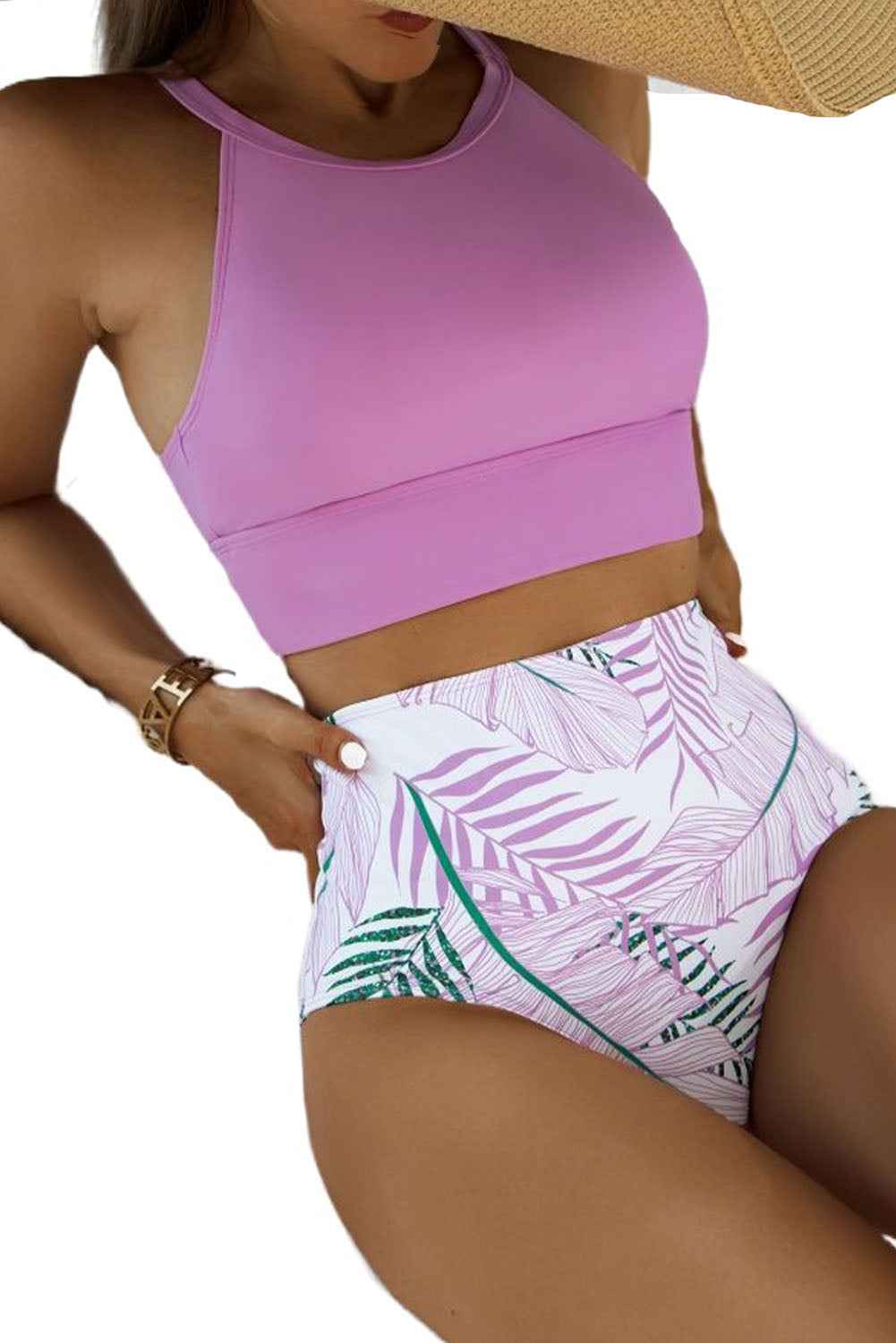 Tropical Print Back Split High Waisted Swimsuit