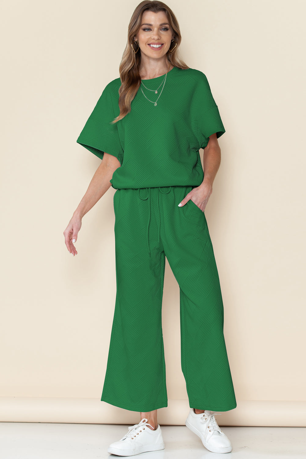 Textured Loose Fit T Shirt and Drawstring Pants Set w/Pockets