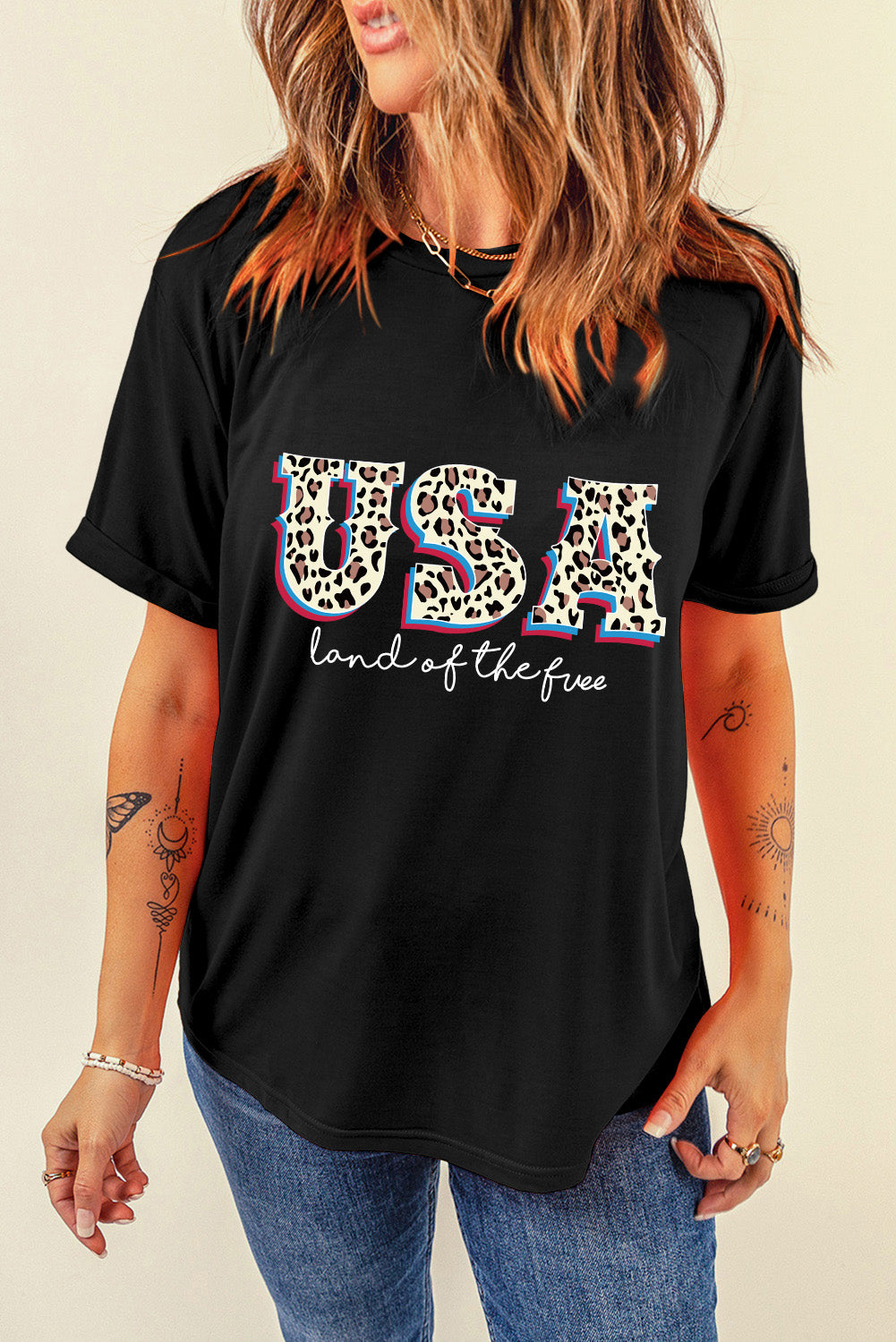 Black Leopard USA land of the free Slogan Graphic T Shirt