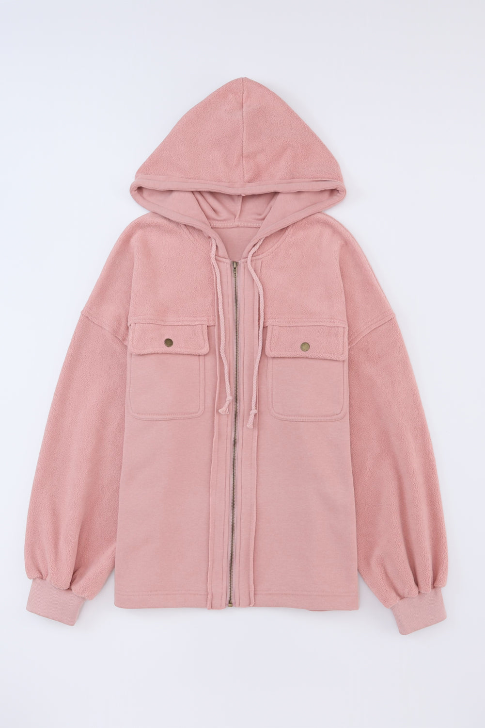 Bishop Sleeve Zip Up Hoodie Jacket with Flap Pockets