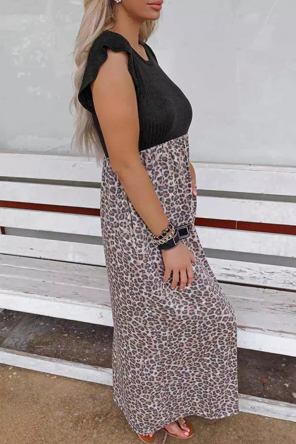 Leopard Print Casual Cap Sleeve Pocket Dress