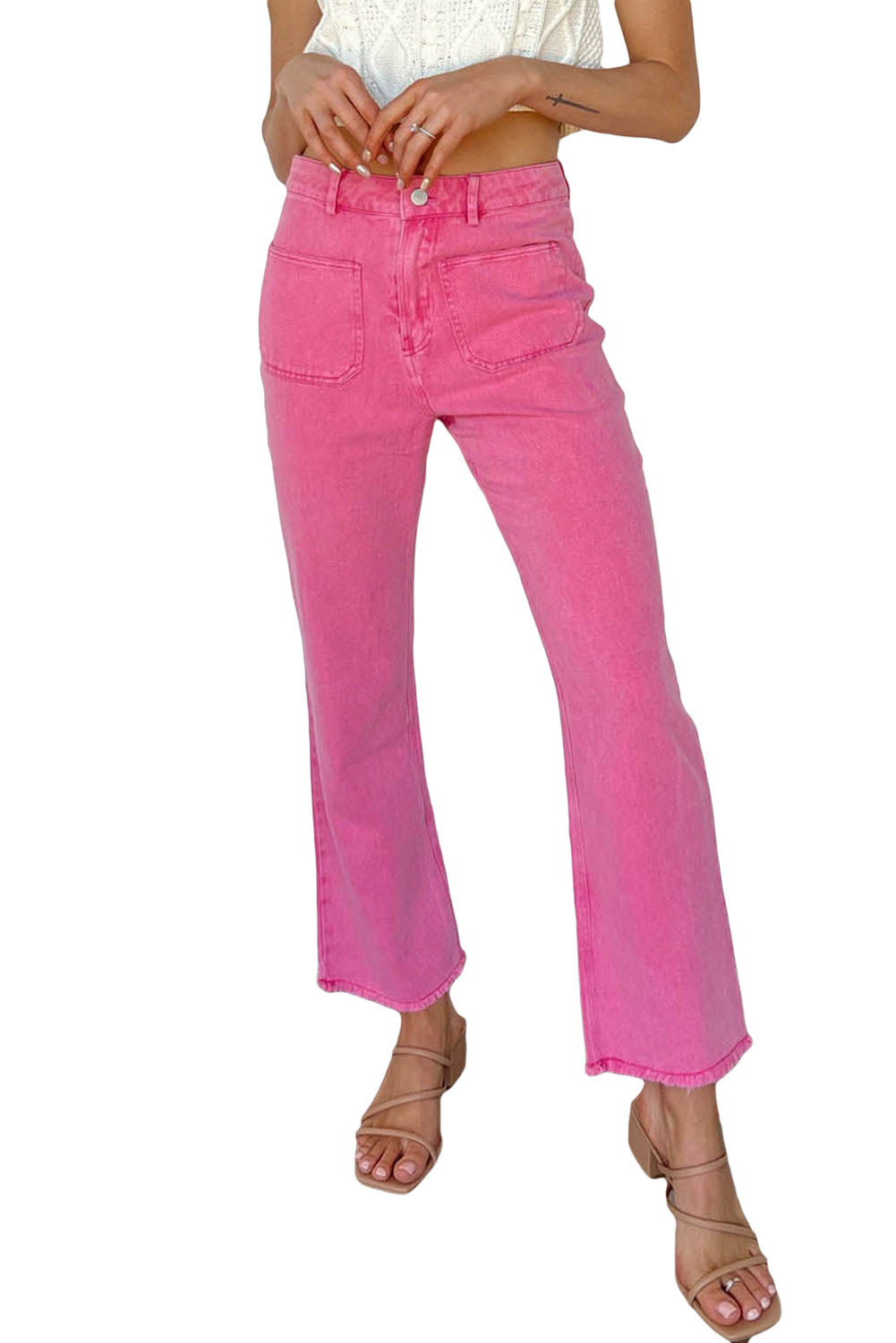 Pink Raw Hem Light Wash Flare Mid Rise Pants