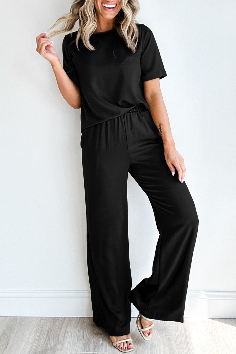 Solid Color T-Shirt and Wide Leg Pants Set