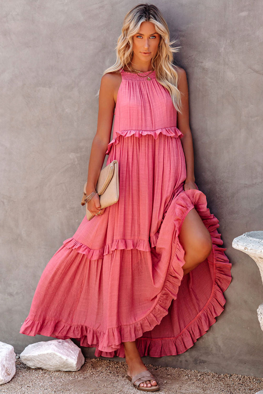 Ruffle Hem Pleated Flowy Maxi Dress