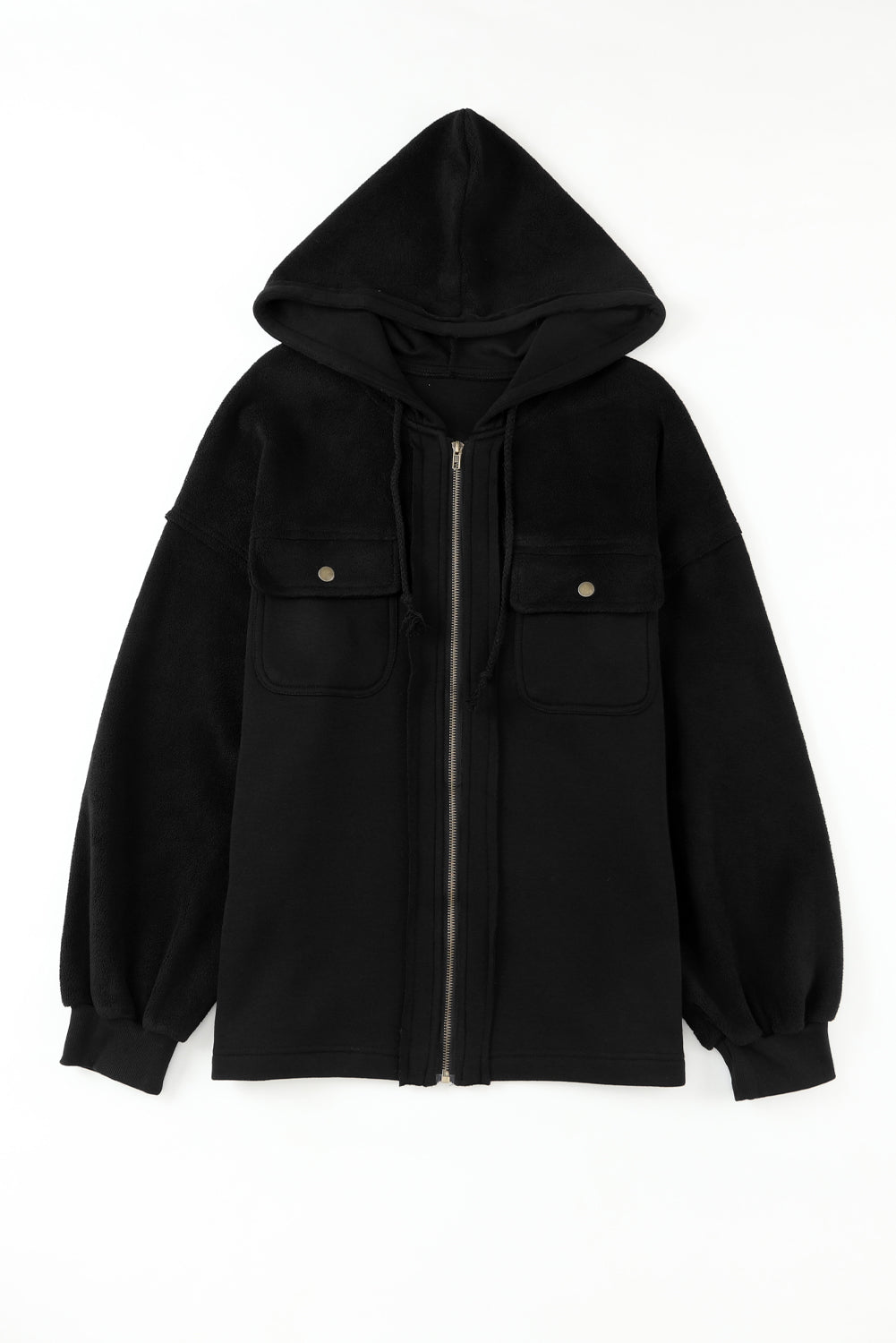 Bishop Sleeve Zip Up Hoodie Jacket with Flap Pockets