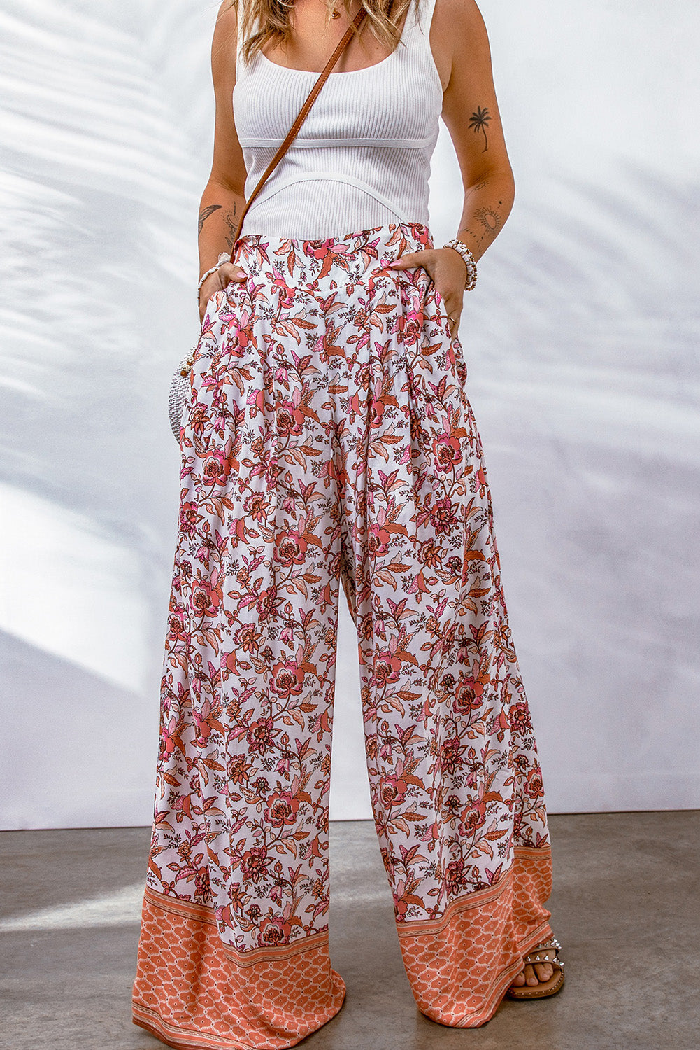 Red Floral Print Shirred High Waist Wide Leg Pants