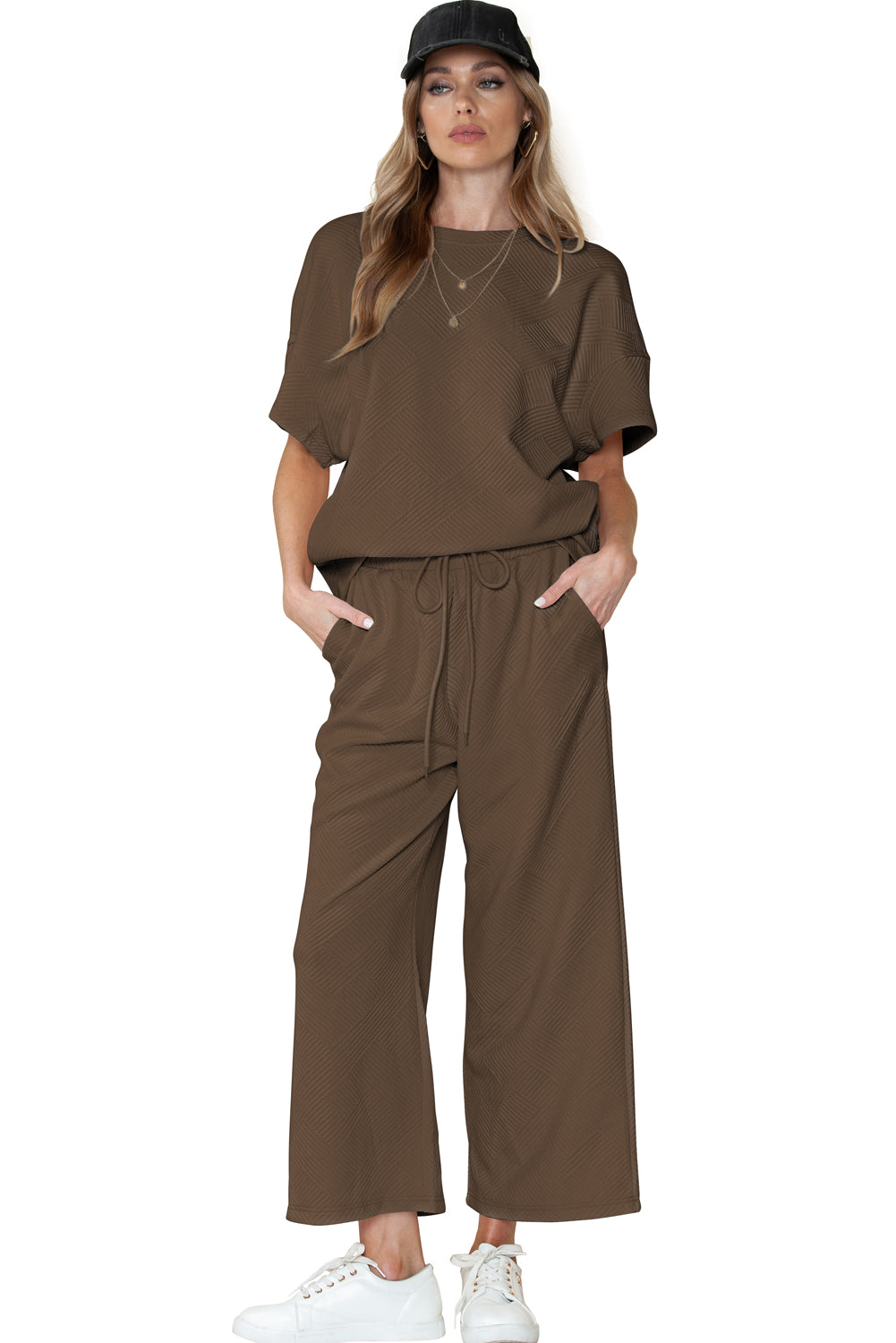 Textured Loose Fit T Shirt and Drawstring Pants Set w/Pockets