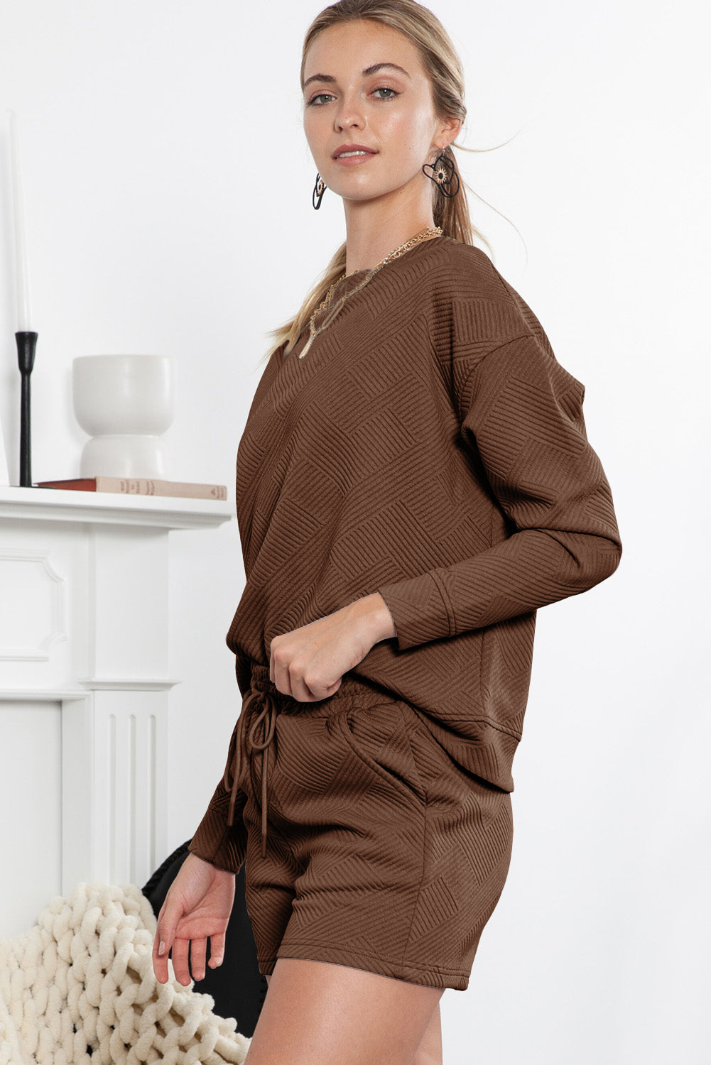 Brown Textured Long Sleeve Top & Drawstring Shorts Set