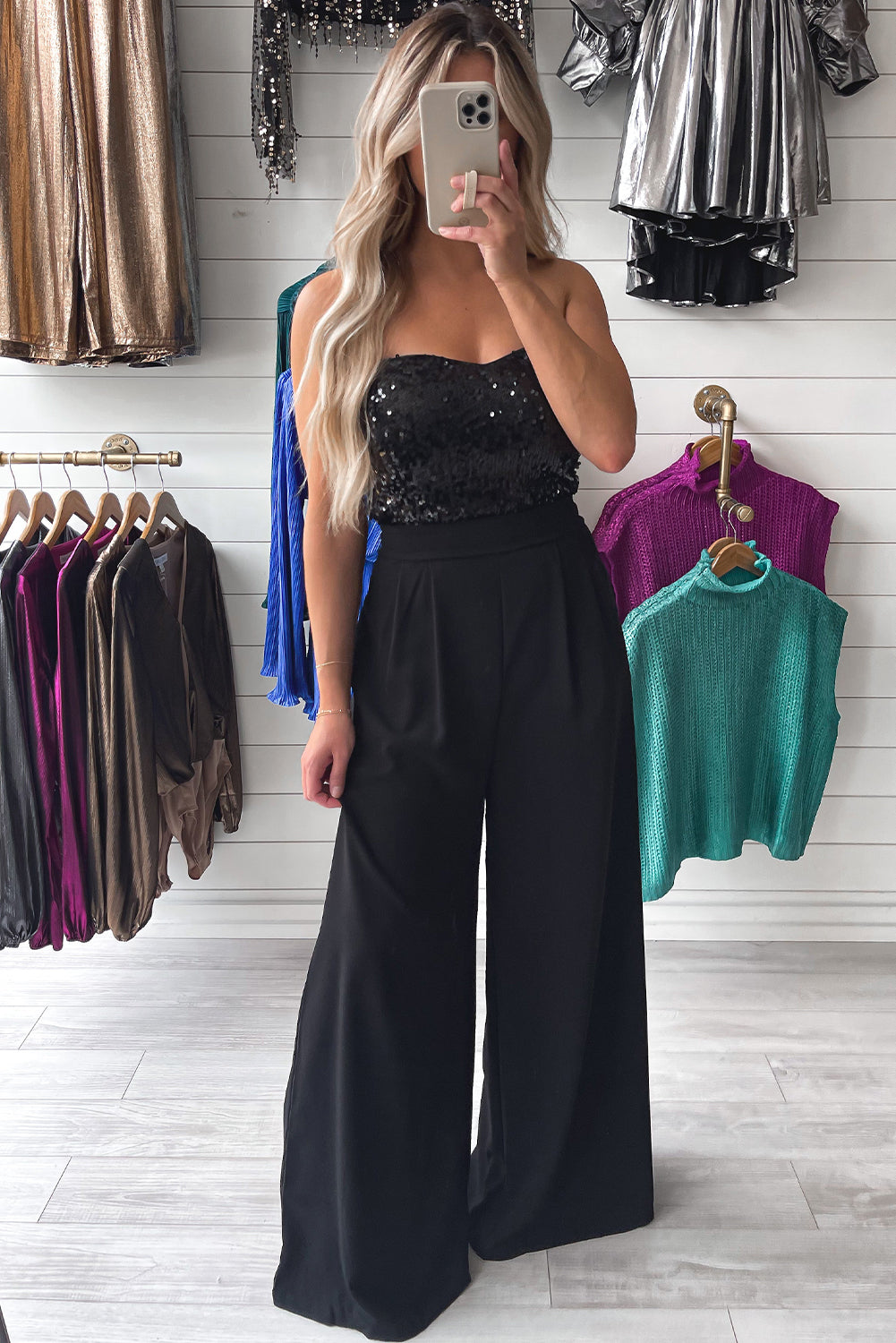 Black Sequin Tube Top Floor Length Wide Leg Jumpsuit