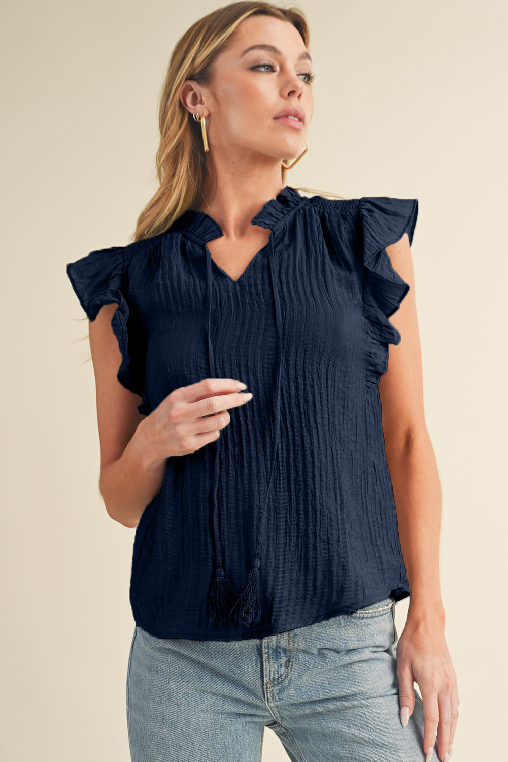 Navy Blue V Neck Flutter Shoulder Textured Blouse