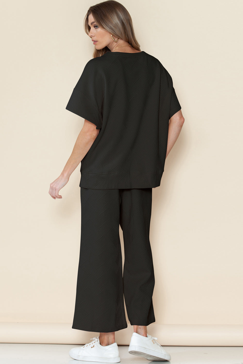 Textured Loose Fit T Shirt and Drawstring Pants Set w/Pockets