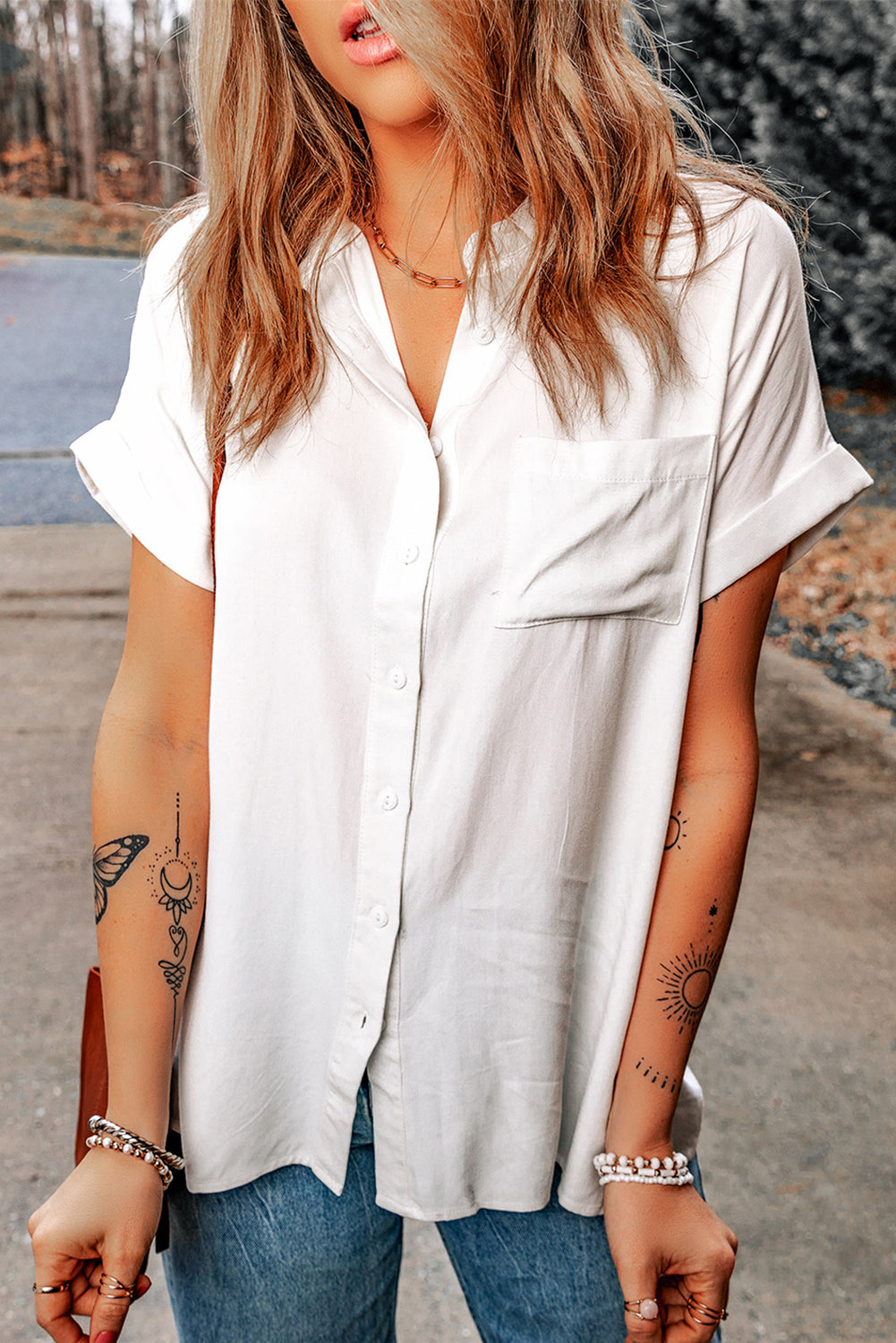 White Rolled Short Sleeve Shirt