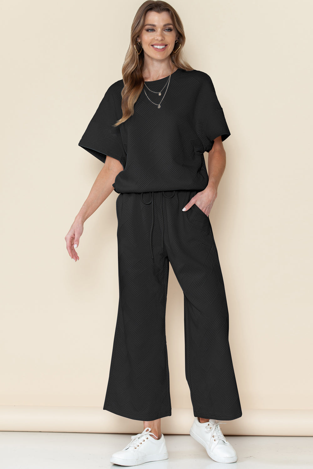 Textured Loose Fit T Shirt and Drawstring Pants Set w/Pockets