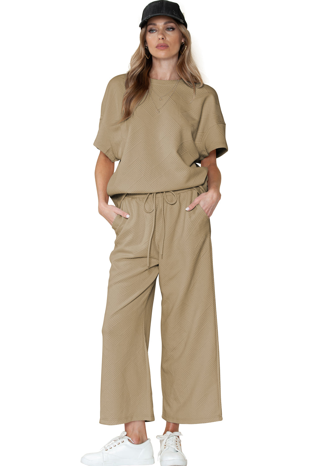 Textured Loose Fit T Shirt and Drawstring Pants Set w/Pockets