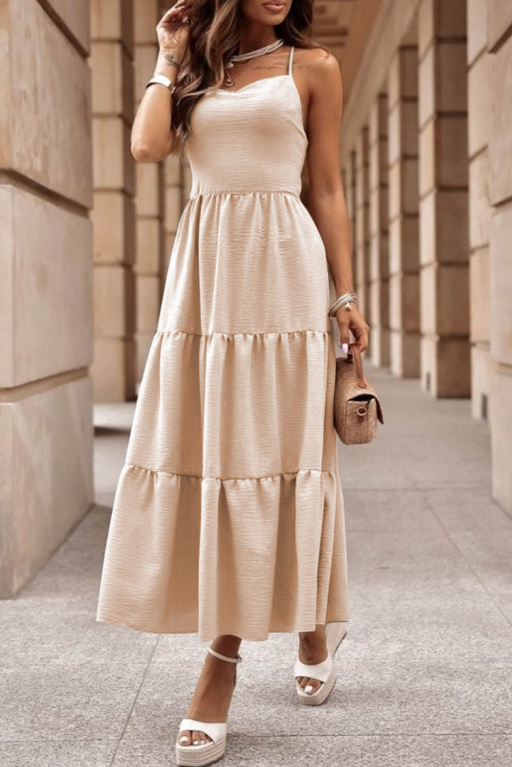 Crossover Backless Bodice Tiered Maxi Dress