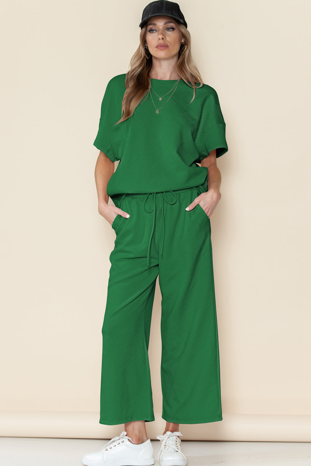 Textured Loose Fit T Shirt and Drawstring Pants Set w/Pockets