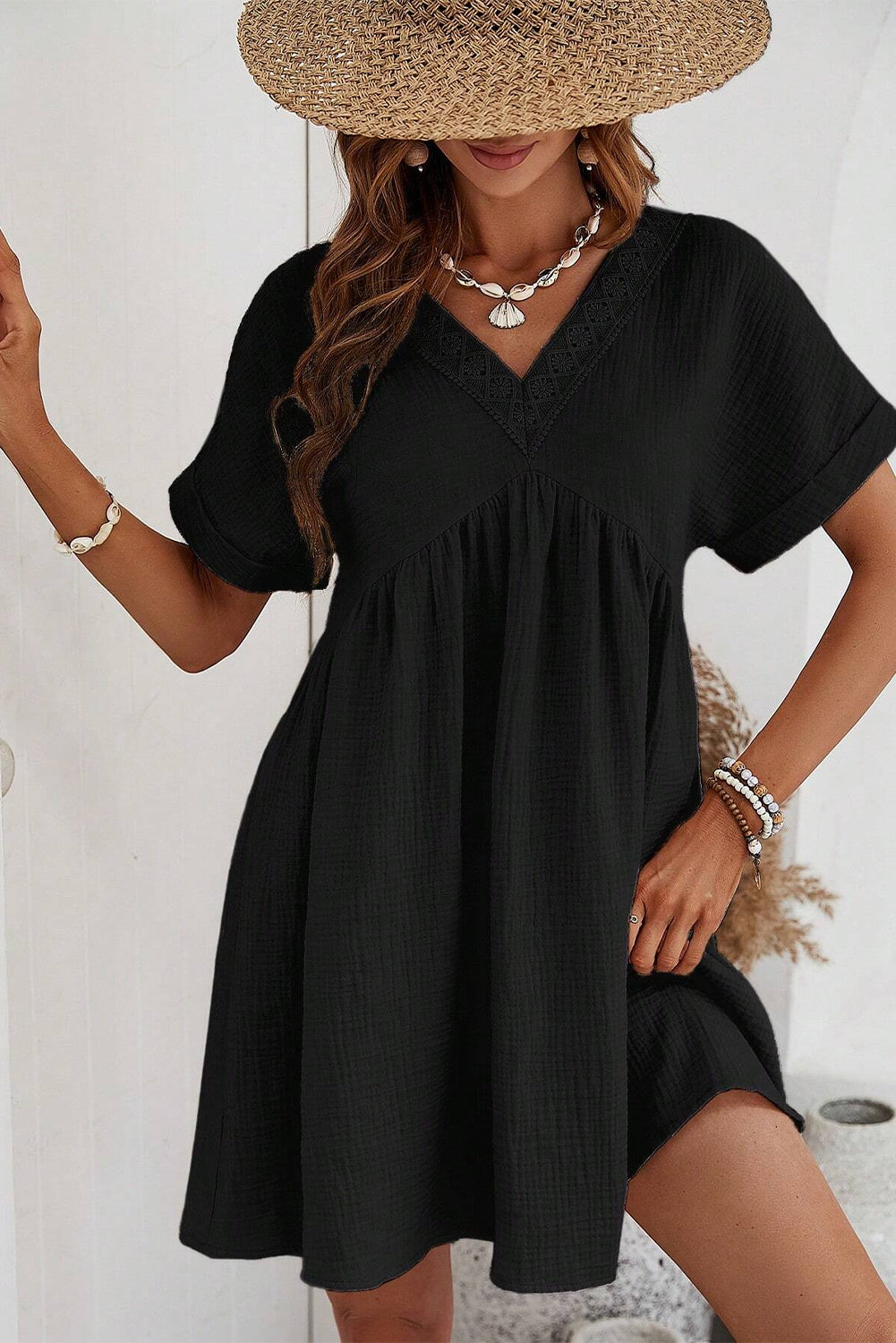 Folded Short Sleeve Lace V Neck Mini Dress