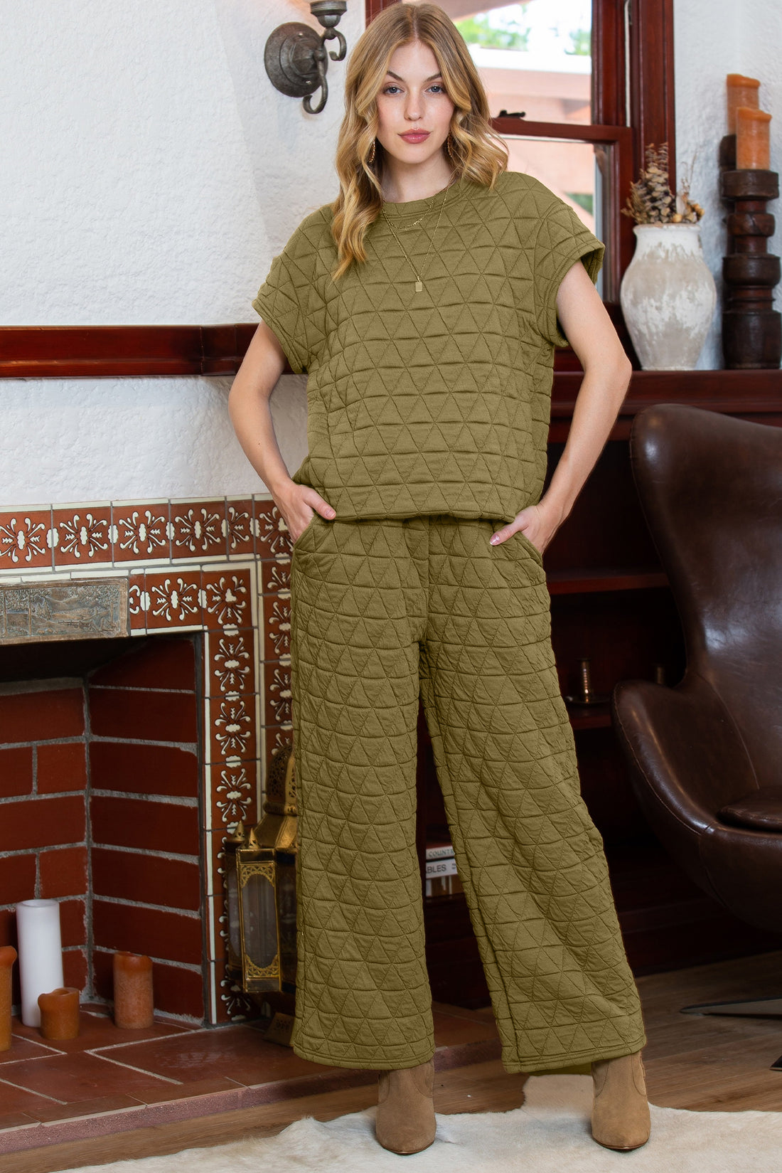 Quilted Short Sleeve Top and Wide Leg Pants Set