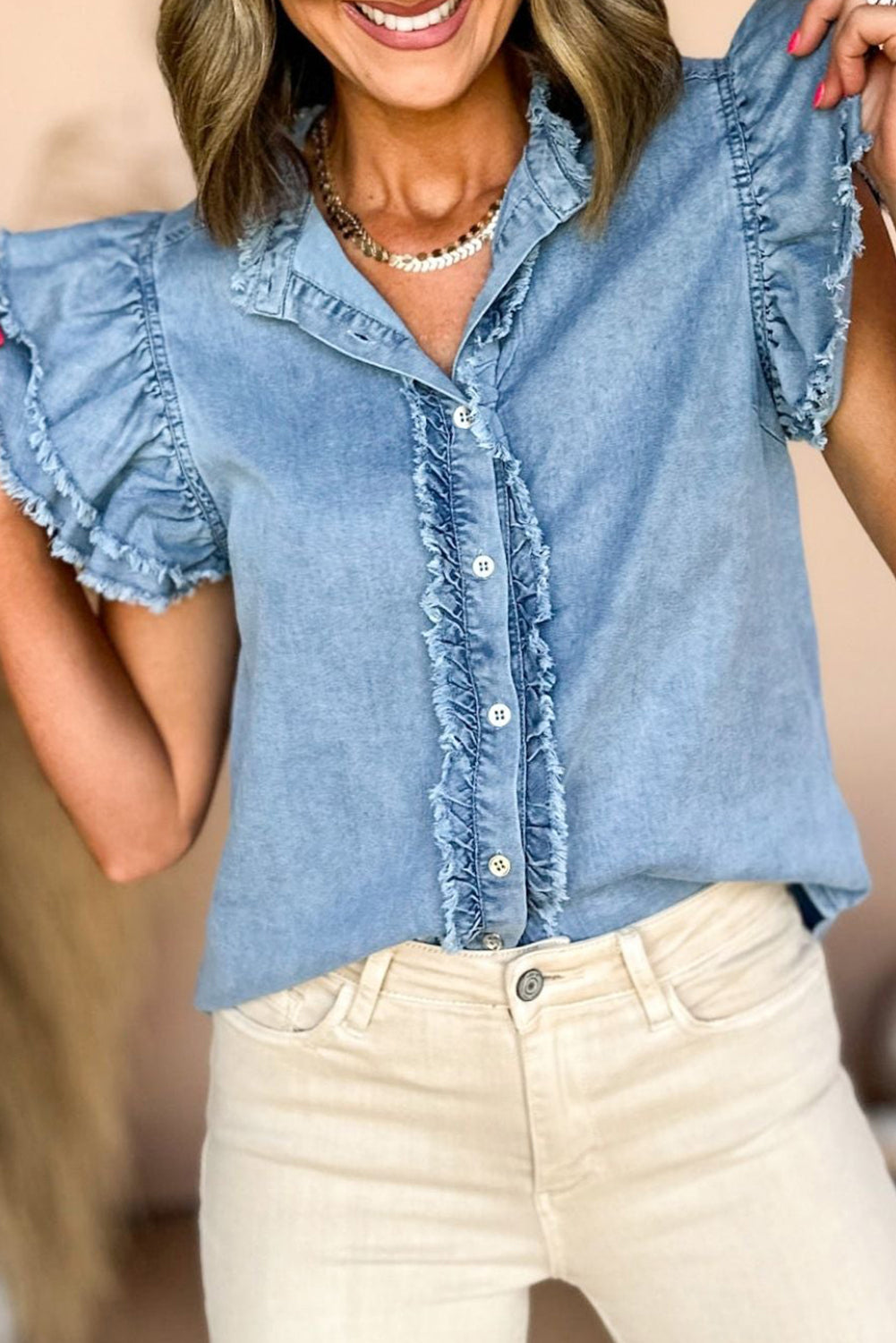 Beau Blue Ruffled Frayed Denim Top