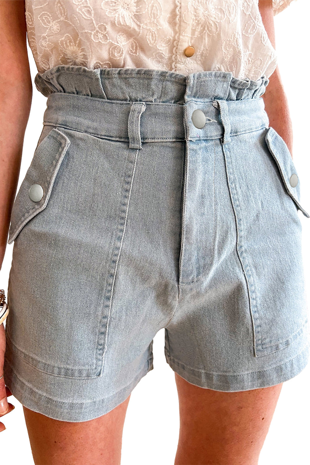 Effortless Cool:  High Waist Flap Pockets Denim Shorts