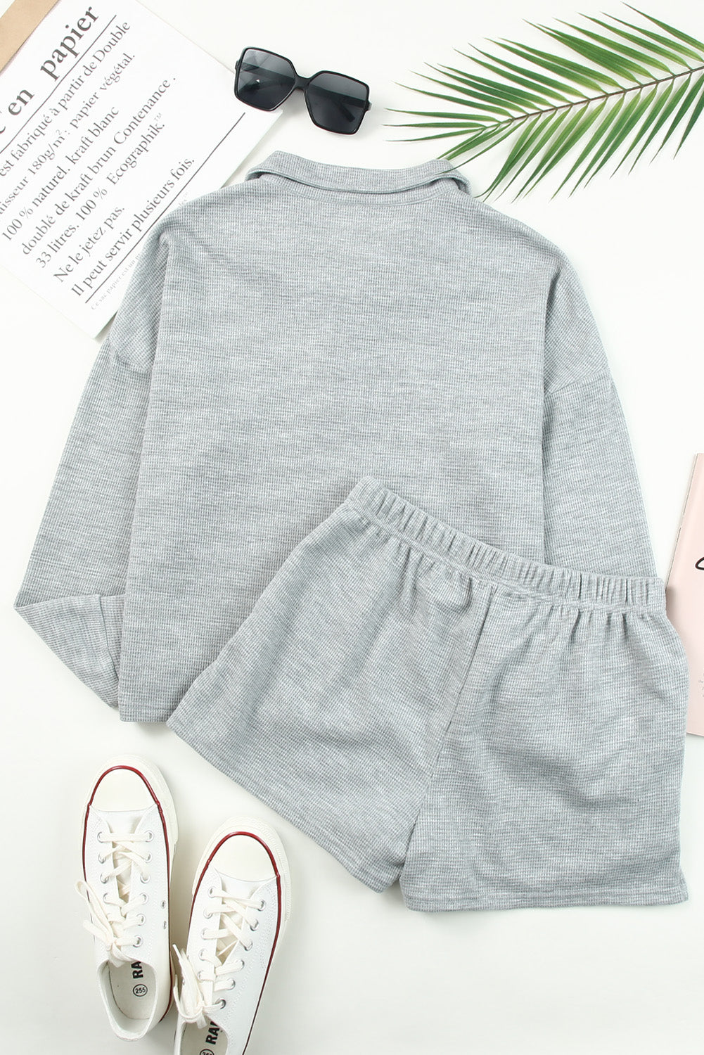 Gray Ribbed Zipper Sweatshirt & High Waist Shorts Set