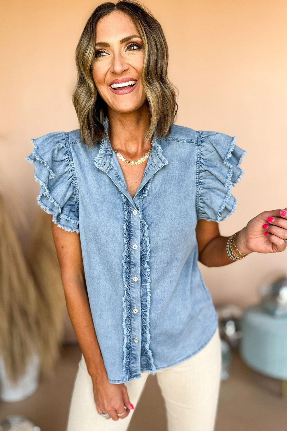 Beau Blue Ruffled Frayed Denim Top