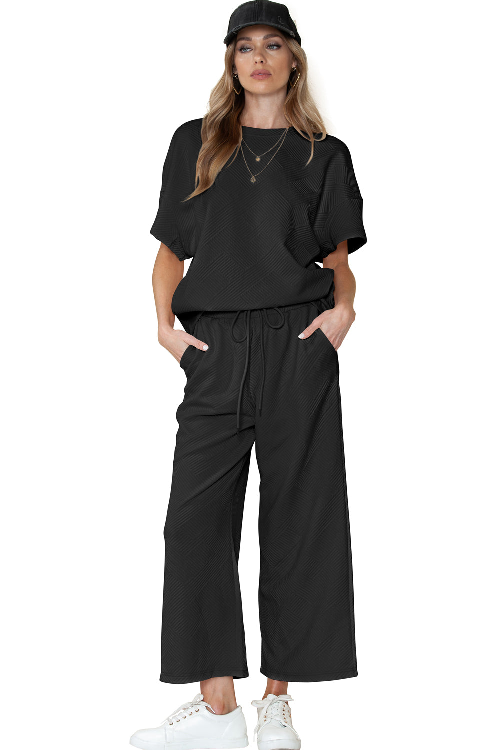 Textured Loose Fit T Shirt and Drawstring Pants Set w/Pockets